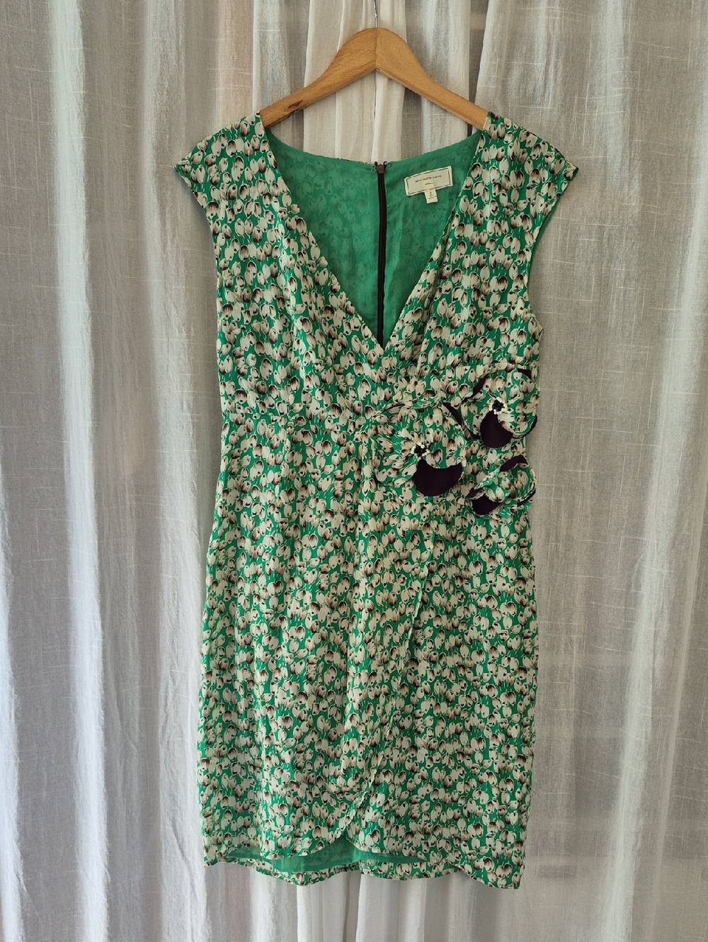 Moulinette Soeurs SILK Green Printed V-Neck Midi Dress with Purple Accents